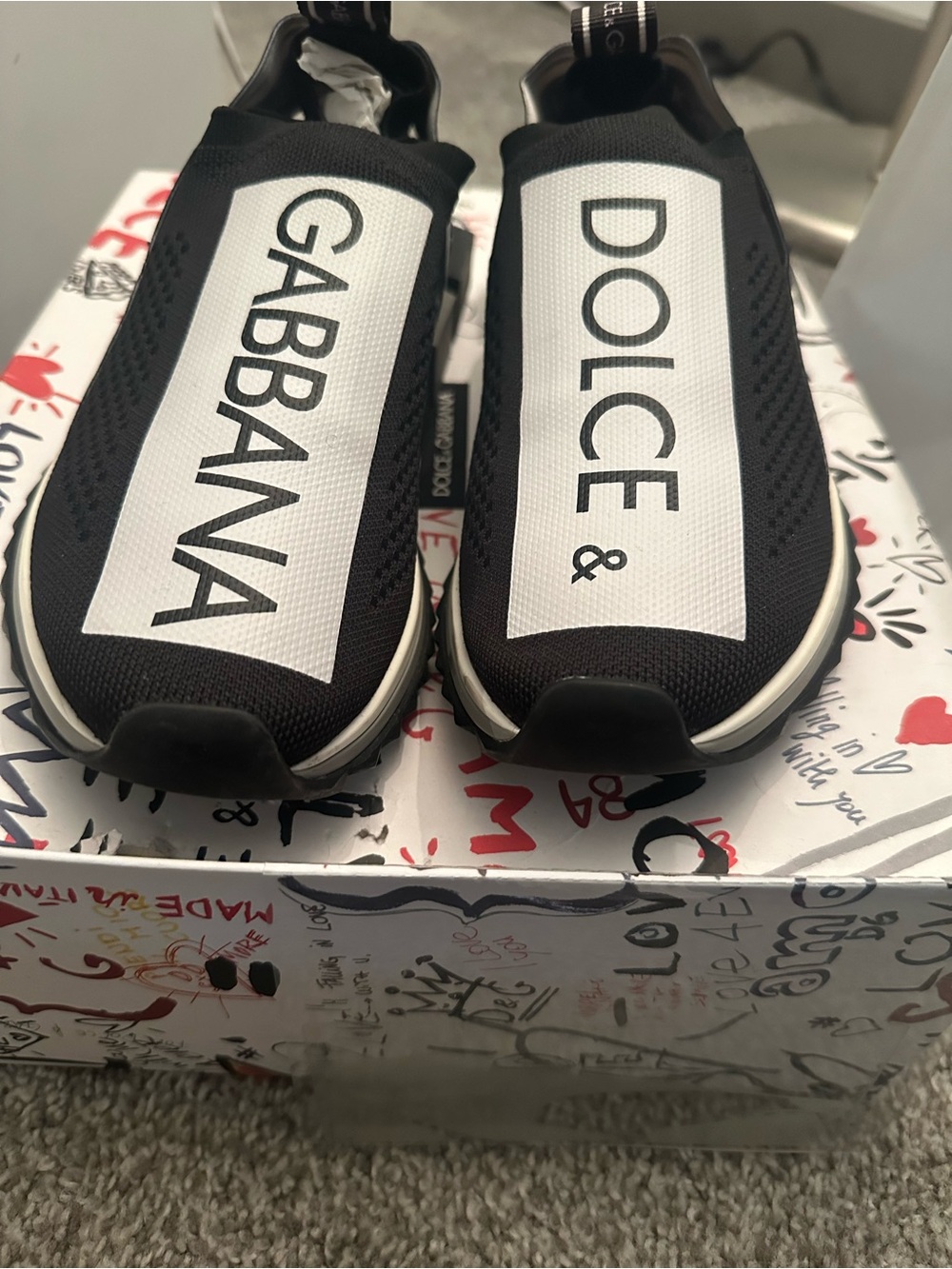 Dolce & Gabbana Black and White Kids Logo Slip-On Sneakers